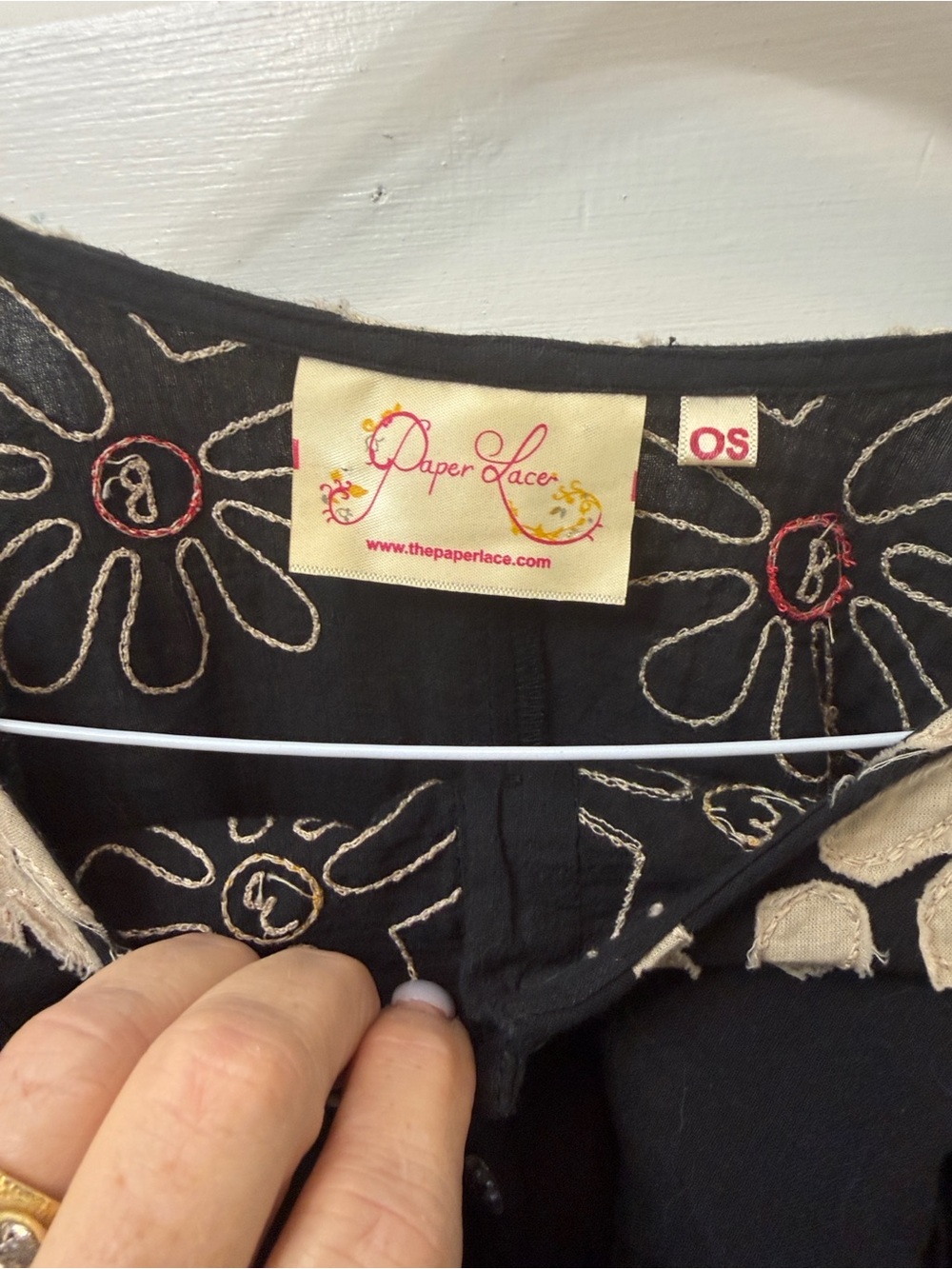 Anthropologie Black Robe with Cream Floral Embroidery and Red Stitch Accents